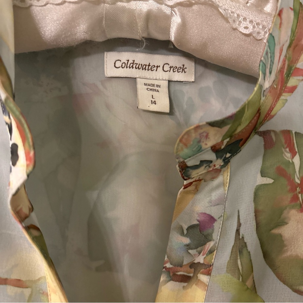 Coldwater Creek Semi Sheer-Lined Body-Green Floral Loop Button Blouse-L-Long Slv - Picture 2 of 5